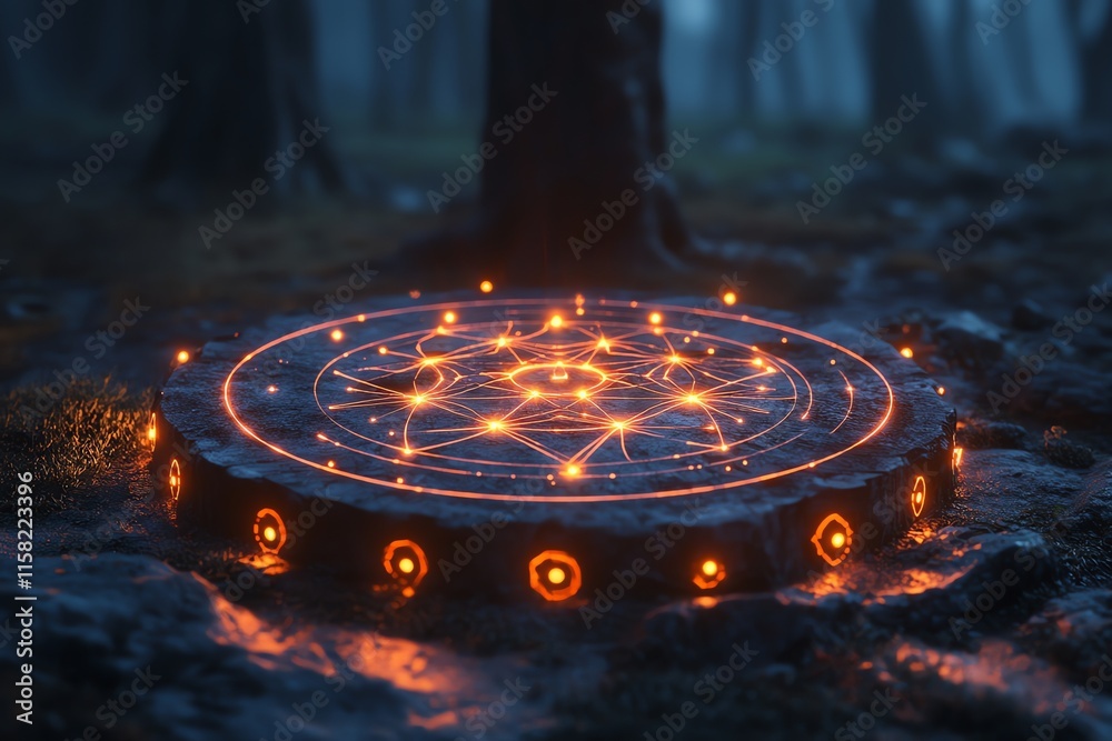 Aufkleber a mystical glowing circle surrounded by trees in a foggy forest.