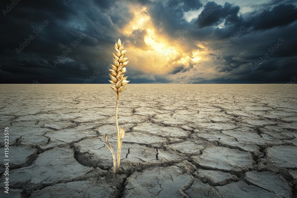 Aufkleber dry barren field with a single stalk of withered wheat against a dramatic cloudy sky at dusk. genera