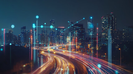 Smart digital Innovation city with connection network reciprocity over the cityscape. of future smart wireless digital city and social media networking systems that connects people with in city