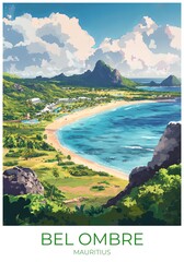 Bel ombre Mauritius Travel Poster Flat Illustration Print Decor Gift Canvas Wall Art Gift