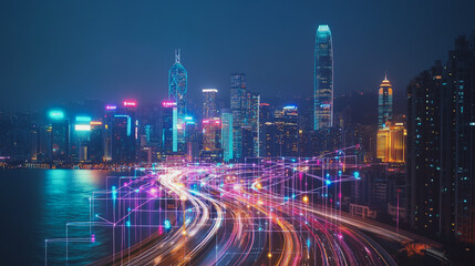 Fototapeta premium Smart digital Innovation city with connection network reciprocity over the cityscape. of future smart wireless digital city and social media networking systems that connects people with in city