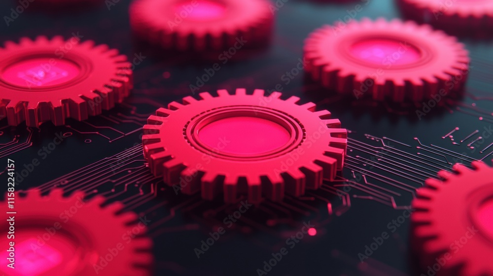 Poster Red gears rotating on digital circuit board: technology concept