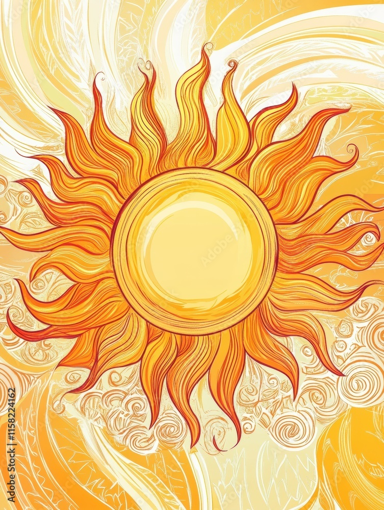 Poster bright sun doodle with pancake like rays showcasing warmth and positivity in a cheerful yellow backg