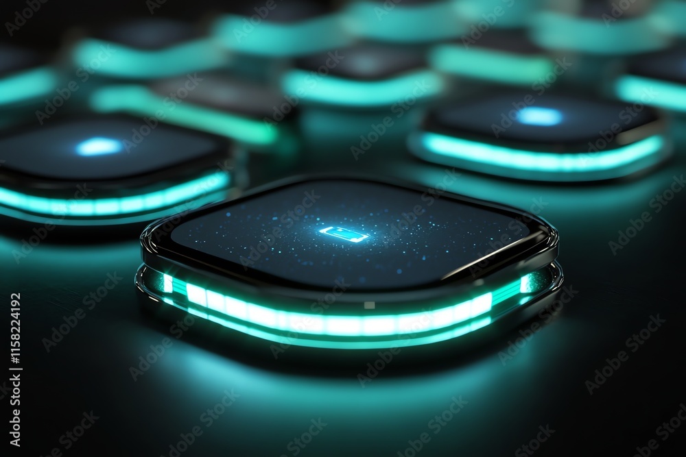 Poster futuristic glowing interface elements on a dark surface, suggesting technology and innovation.