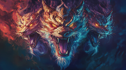 A chimera with three heads of dragon, that can breathe fire and roar deafeningly. digital art painting, fantasy art, wallpaper. Chimera. Illustration
