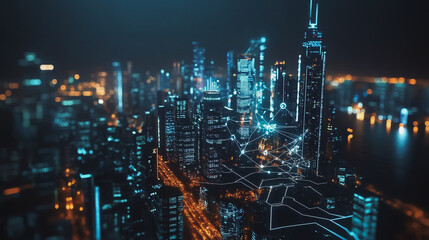 Fototapeta premium Smart digital Innovation city with connection network reciprocity over the cityscape. of future smart wireless digital city and social media networking systems that connects people with in city