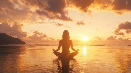 Fototapeta premium A serene figure meditating at sunset over a tranquil ocean.