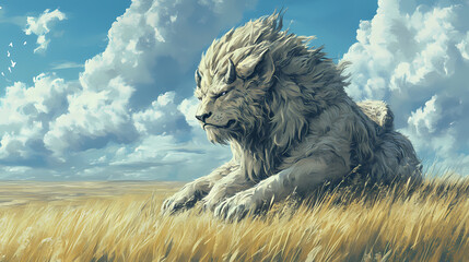 A close-up of a chimera resting in a grassy plain, its three heads observing the horizon with varied intensity. Chimera. Illustration