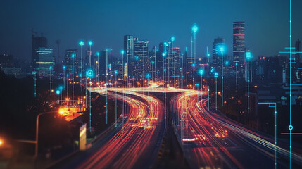 Fototapeta premium Smart digital Innovation city with connection network reciprocity over the cityscape. of future smart wireless digital city and social media networking systems that connects people with in city