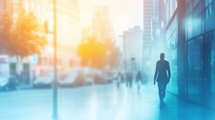 Professional walking in urban cityscape.