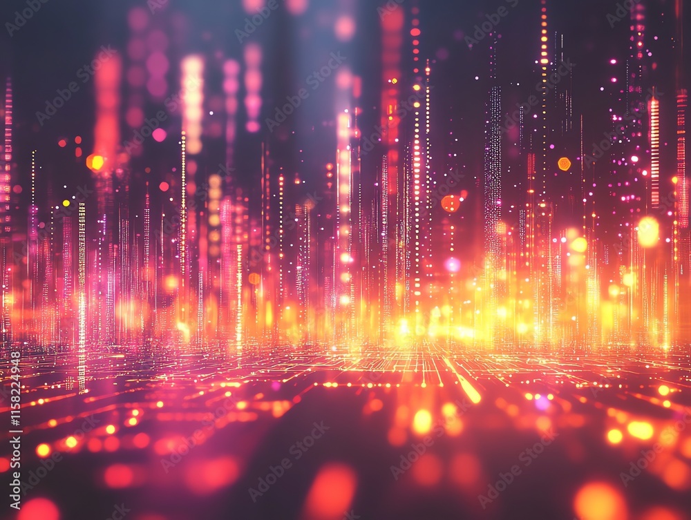 Poster a vibrant digital landscape of glowing lines and dots, representing data and technology.