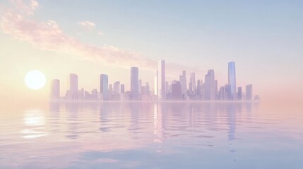 Serene skyline reflecting on calm water at sunset.