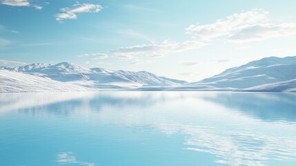 Serene winter landscape with icy lake and mountains.