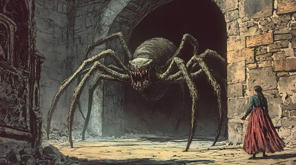 A noble girl is sacrificed to a spider-like chimera monster in a dungeon. Chimera. Illustration