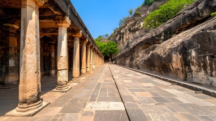 Obraz premium A breathtaking view of a rock-cut temple complex, carved into a dramatic cliff face in India.