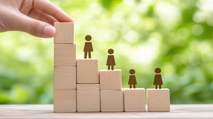 Growth and Success Concept with Wooden Blocks and People Figures in Nature