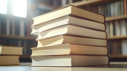 Stack of books in a cozy library setting.