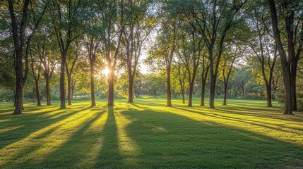 A serene park scene with sunlight filtering through trees, casting long shadows on the grass.