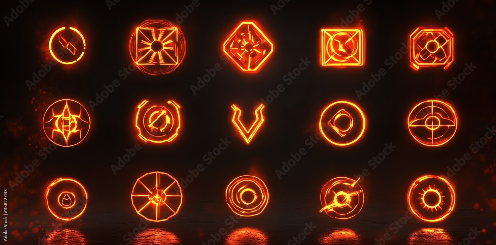Poster A collection of glowing, fiery symbols arranged in a grid pattern.