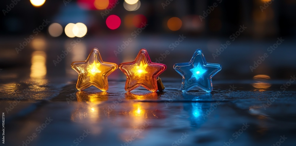 Poster three colorful star-shaped lights glowing on a wet surface with a blurred background.
