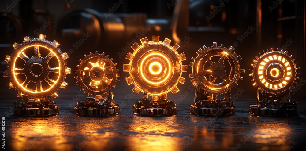 Poster a collection of glowing gears arranged in a row, showcasing industrial design and technology.