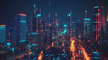 Smart digital Innovation city with connection network reciprocity over the cityscape. of future smart wireless digital city and social media networking systems that connects people with in city