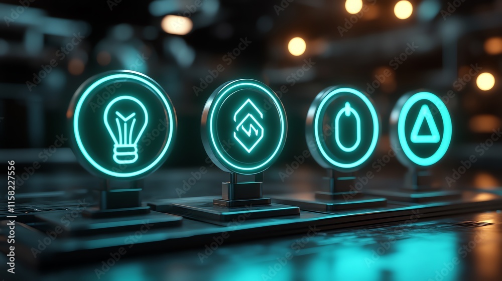 Poster four glowing icons on stands, symbolizing ideas and innovation in a modern setting.