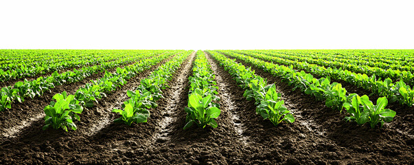 Fototapeta premium Rows of Lush Green Crops in a Farmland Photo