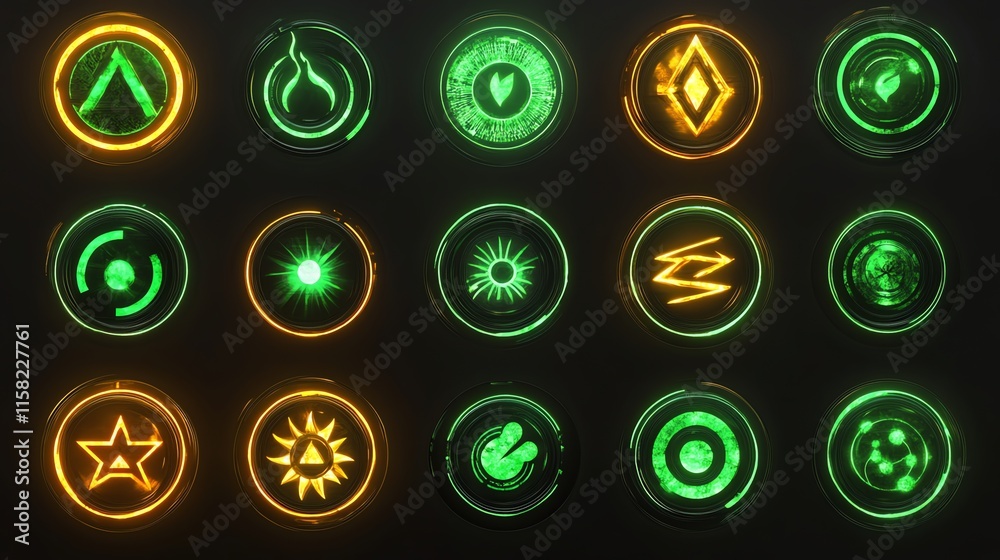 Fototapete a grid of colorful icons representing various abilities or powers.
