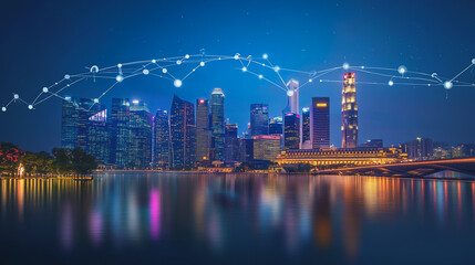 Naklejka premium Smart digital Innovation city with connection network reciprocity over the cityscape. of future smart wireless digital city and social media networking systems that connects people with in city