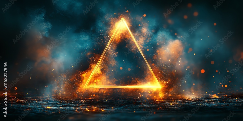 Poster a glowing triangular shape surrounded by smoke and sparks, evoking a mystical atmosphere.