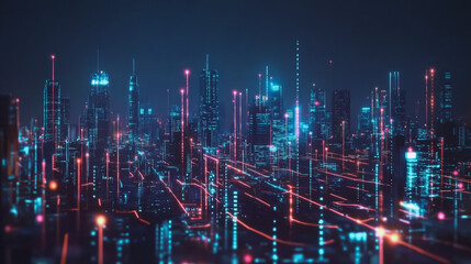 Fototapeta premium Smart digital Innovation city with connection network reciprocity over the cityscape. of future smart wireless digital city and social media networking systems that connects people with in city