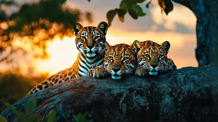 Majestic Jaguars at Sunset: A breathtaking wildlife moment captured in the Amazon rainforest during golden hour.