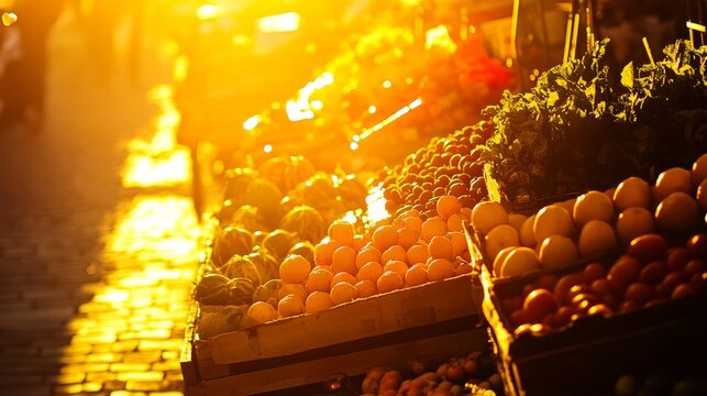Vibrant market filled with fresh fruits glowing.