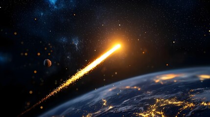 Obraz premium A dramatic depiction of a meteor streaking across the night sky, blazing with intense light and heat, above a view of Earth with city lights visible.
