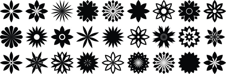 Abstract geometric shapes flower designs. figure star oval spiral flower and other round vector elements. Swiss black flower design aesthetic. Set of black vector floral designs on a white background