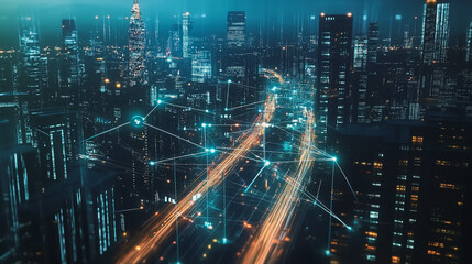 Obraz premium Smart Innovation city with connection cyber security network reciprocity over the cityscape . future wireless digital city and social media networking systems that connects people with in the city