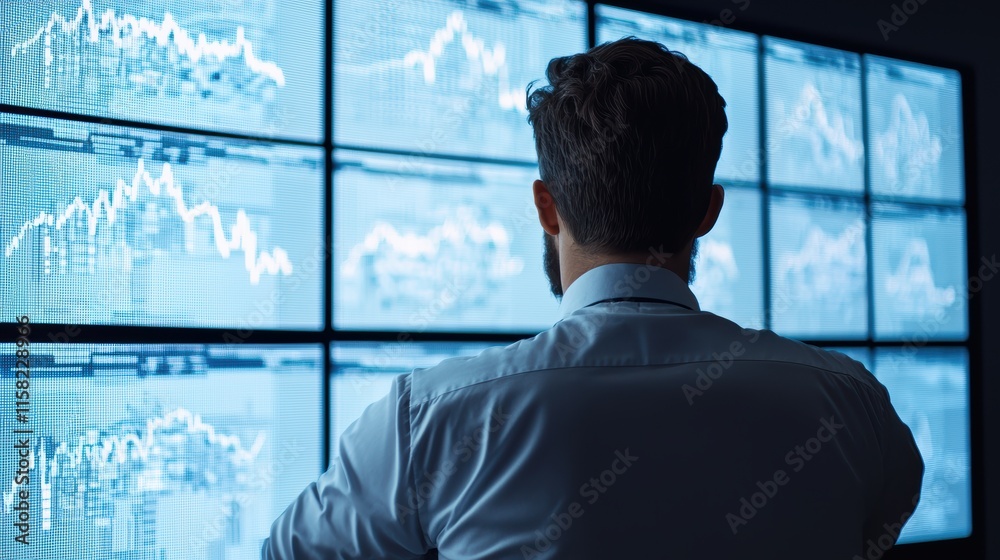 Poster Businessman analyzing data on multiple screens in a dark room