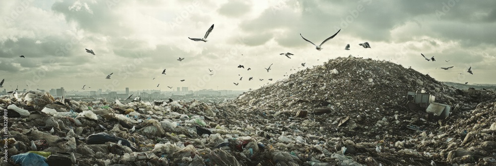 Poster seagulls soar high above a vast landfill filled with waste and debris under a cloudy sky. generative