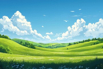 A panoramic banner showcasing lush green hills and meadows under a vibrant blue sky with fluffy white clouds, creating a serene and picturesque landscape..