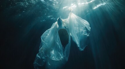 Fototapeta premium Underwater scene of a person entangled in plastic bags, sunbeams illuminating the scene.