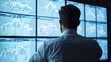 Fototapeta premium Businessman analyzing data on multiple screens in a dark room