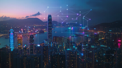 Fototapeta premium Smart Innovation city with connection cyber security network reciprocity over the cityscape . future wireless digital city and social media networking systems that connects people with in the city