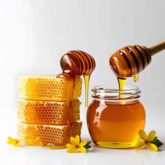 Honey Set - Vector Illustrations of Honeycombs, Jar, and Dripping Honey Dipper