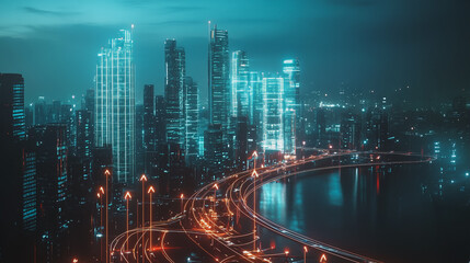 Fototapeta premium Smart Innovation city with connection cyber security network reciprocity over the cityscape . future wireless digital city and social media networking systems that connects people with in the city