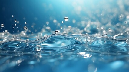 surface of transparent, blue, clear water with bubbles, splashes, and ripples. Summer banner backdrop in an abstract style Waves of water in the sun with copy space Micellar toner emulsion for cosmeti