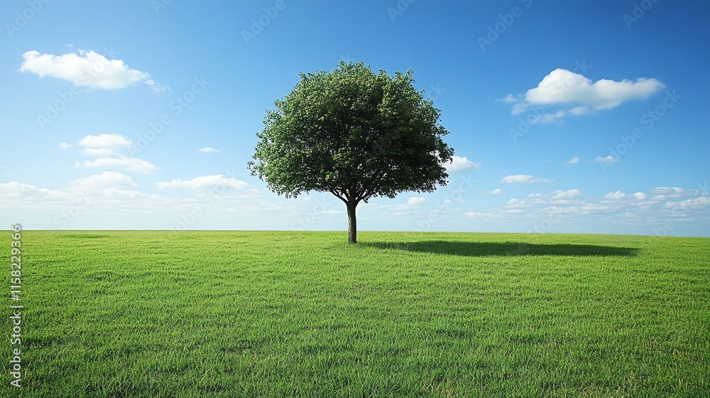 Aufkleber a solitary tree stands on a grassy field under a clear blue sky with scattered clouds.