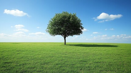 A solitary tree stands on a grassy field under a clear blue sky with scattered clouds.