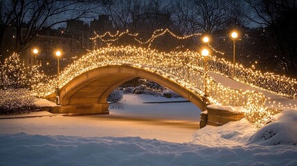 A photograph of an ornate bridge adorned with Christmas lights, arching over the snow-covered ground in Central Park during the winter night.  the warm lighting against the cool, snowy backdrop.