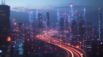 Fototapeta premium Smart Innovation city with connection cyber security network reciprocity over the cityscape . future wireless digital city and social media networking systems that connects people with in the city